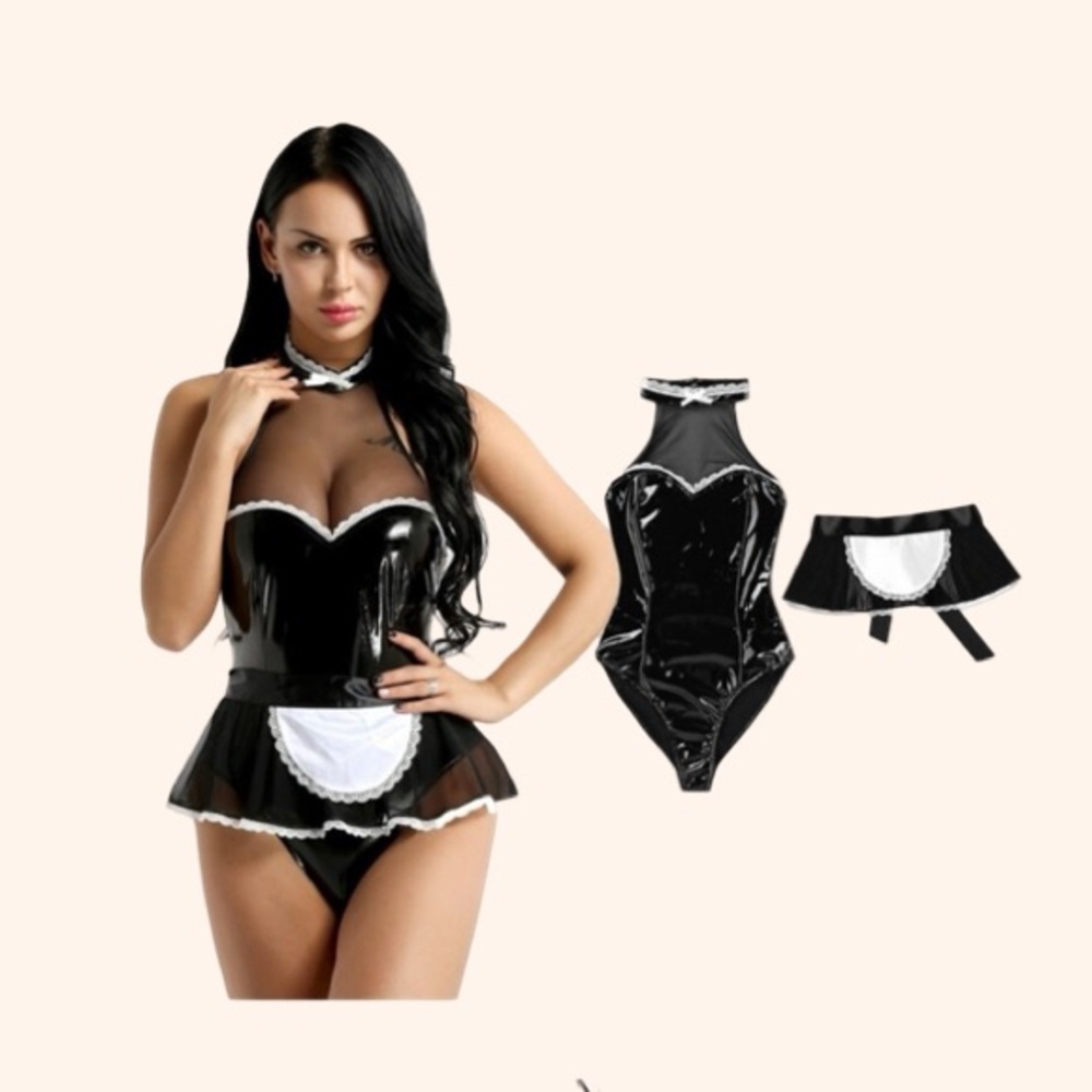 🖤 Fetish French Fantasy Bodysuit – Vinyl Lace Cosplay Maid 🖤